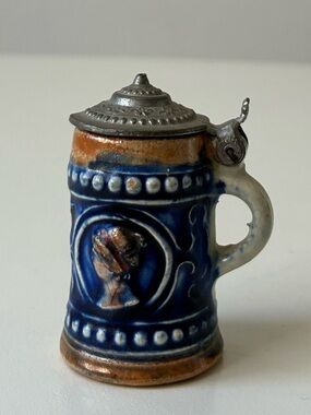 Miniature Ceramic Blue Resinstein Beer Stein from Germany with Pewter Lid